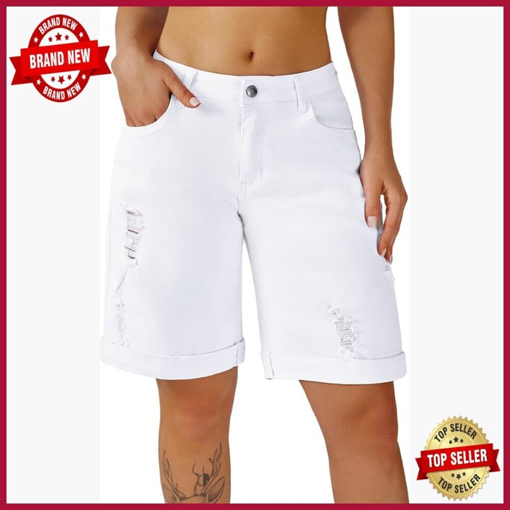 High Waisted Wide Leg Bermuda Denim Shorts Stretchy Distressed Baggy